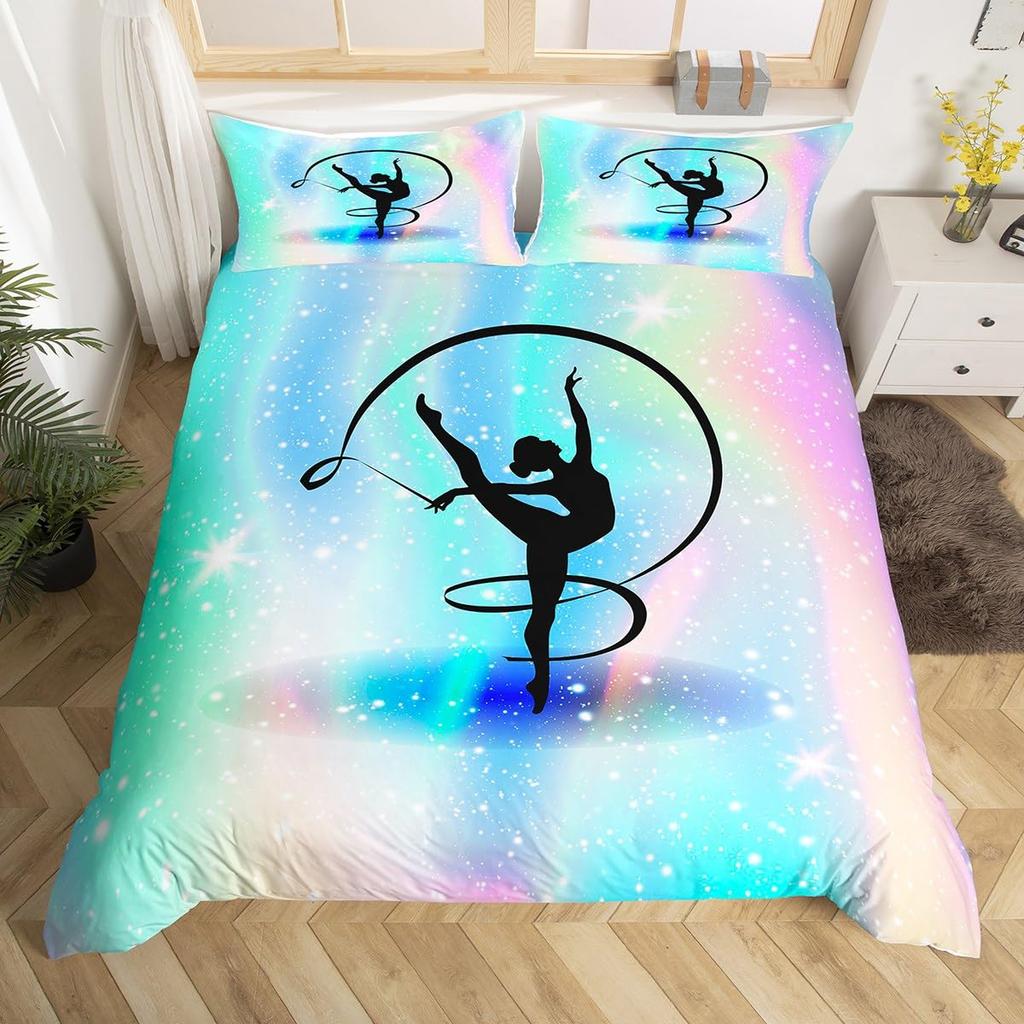 Gymnastik påslakan Full QueenGymnast Dansare Täcktäckesöverdrag För Gymnastpresent Stjärnklar Himmel Sängkläder Set Boho Blomma Quiltöverdrag