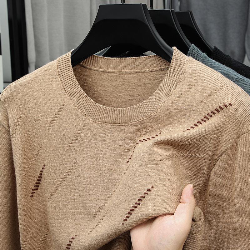 Men's Knit T Shirt Spring Autumn Long Sleeve Wool Top Fashion Casual Base Layer Trendy Jacquard Crew Neck Thin Sweater