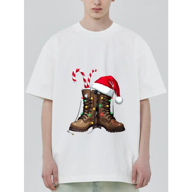 Christmas Boots T Shirt Black Santa Hat and Candy Cane Print Holiday Party Casual Wear