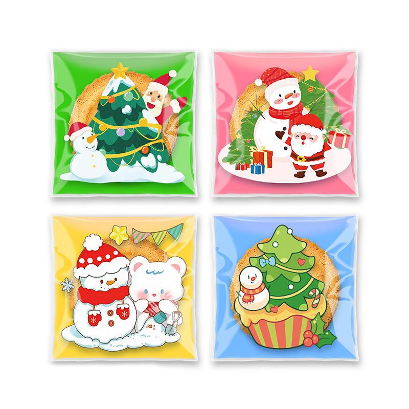 100PCS Christmas Gift Bags Xmas Candy Cookie Self-Adhesive Bag Baking Packaging Bags for Biscuits Cookies Party Decoration