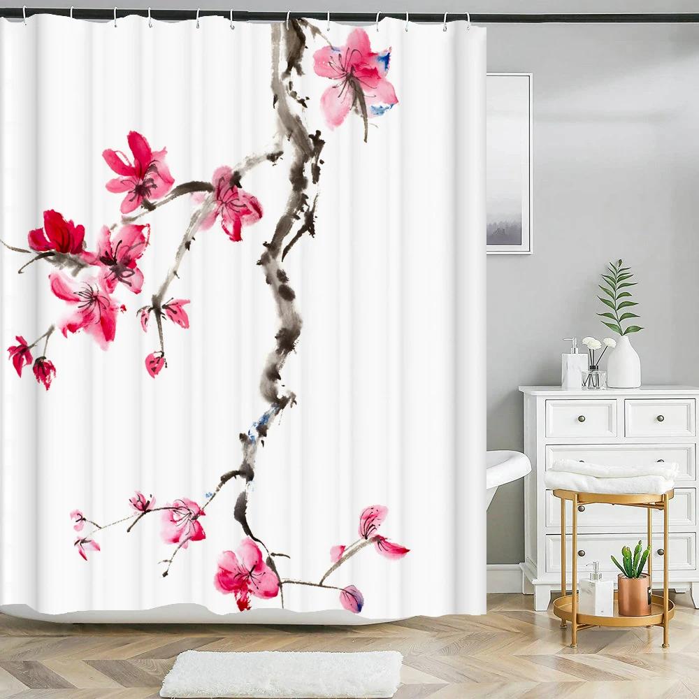 3d Printing Chinese Flower Bird Ink Landscape Shower Curtain Bathroom Waterproof Bath Curtain With Hooks Washable Cloth Decor