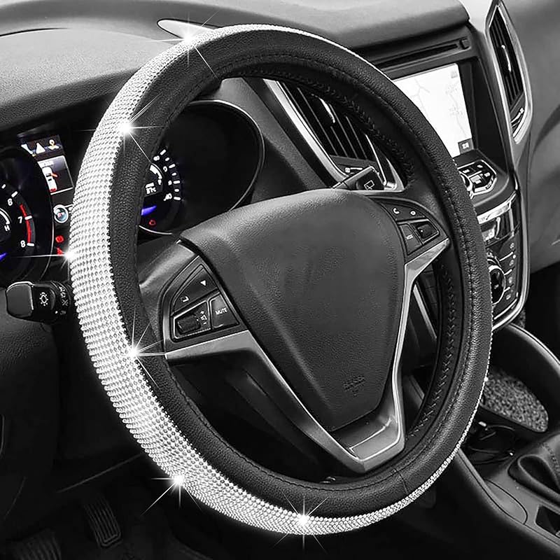 Full Sparkly Rhinestone Car Steering Wheel Cover Universal Leather Steering Wheel Cover Auto Car Styling Interior Decor Accessories (Gray