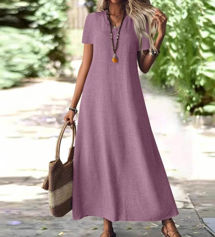 Damen V-Ausschnitt Kurzarm Knöchellanges Maxikleid in 12 Farben, Lässige Lockere Passform mit Umhängetasche L licht lila