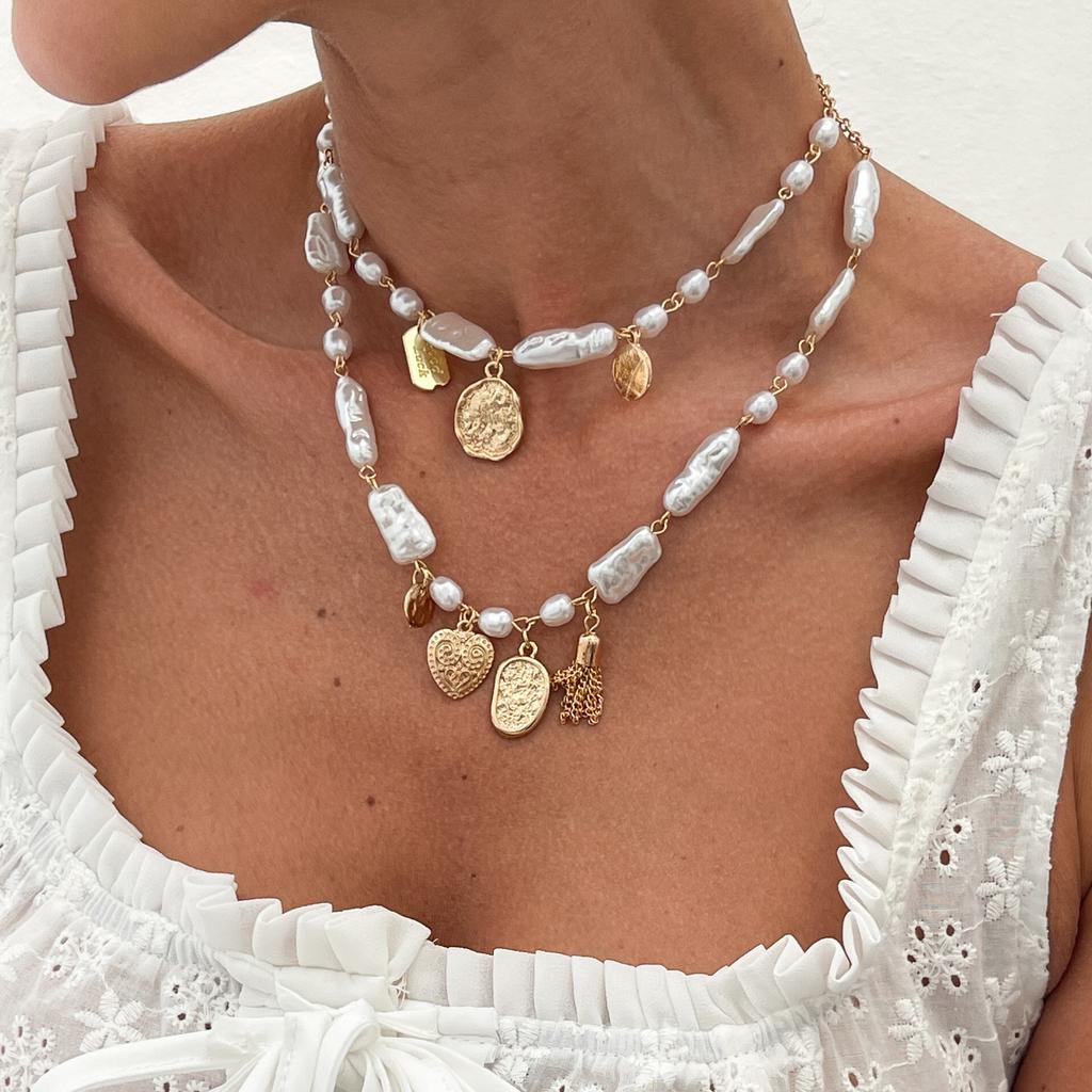 Alien Pearl Cross Chain Necklace Stacked Love Heart Metal Pendant Necklace For Women