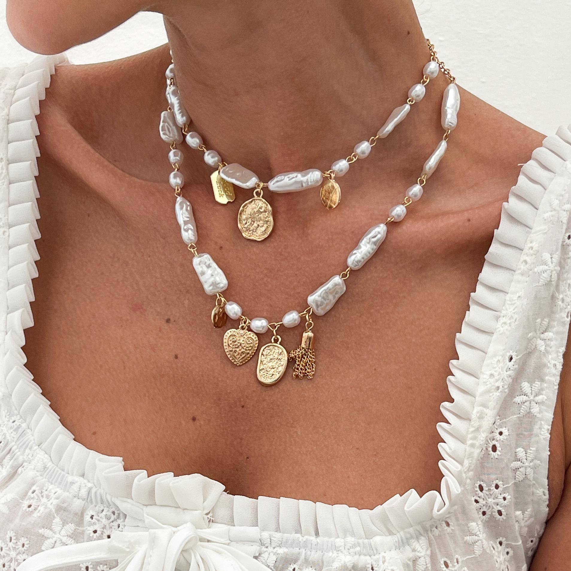 

Инопланетное жемчужное колье-цепочка с крестом, многослойное колье с металлическим кулоном в виде сердца любви для женщин