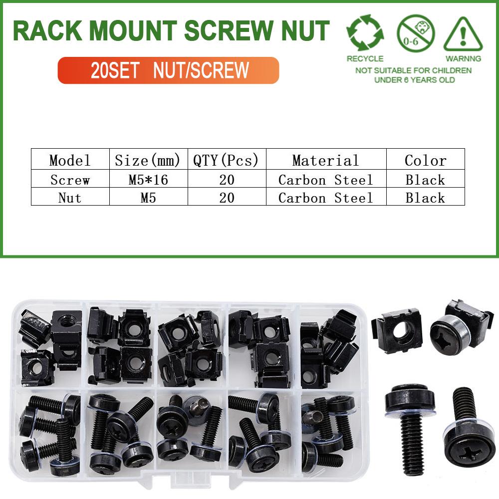 M6x16mm M6x20mm Black Carbon Steel Screw Nut Set For Rack Mount Server Cabinet Shelves Phillips Bolt Cage Nuts Kit 20Set M5 M6