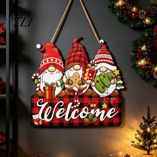 Holiday Atmosphere Wood Plaque Christmas Gnome Wooden Hanging Pendant, Cartoon Ornament, Merry Red And Green Sign Door for Home Shop Party Decoration