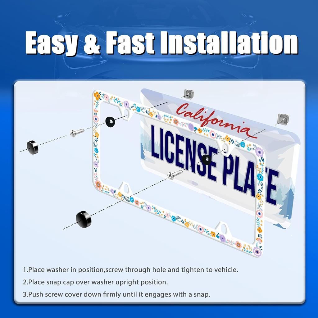 Colorful Flowers License Plate Frame Colorful Wildflower Floral License Plate Frames Stainless Steel Accessories Cars Decor With 4 Holes And Screws