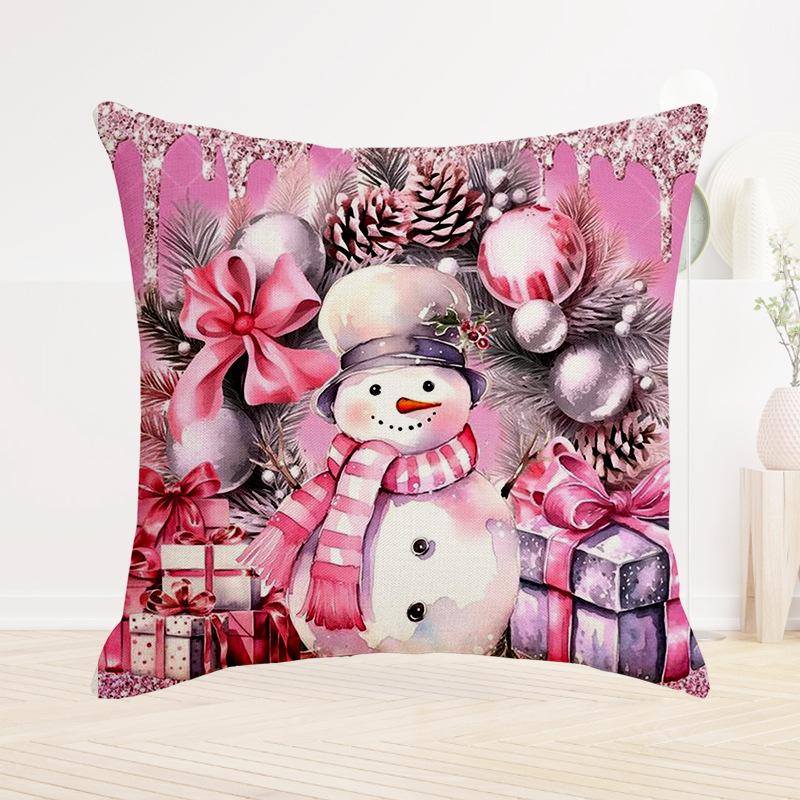 Pink New Christmas Printed Cushion Cover Sofa Bedroom Festive Santa Claus Snowman Pattern Cushion Cover