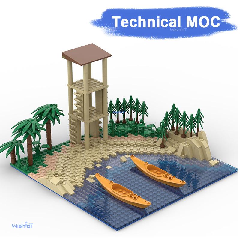 

979Pcs Building Blocks MOC Tropical Island Beach Coastline Observation Tower Palm Trees DIY Construction Scenery Model Toy