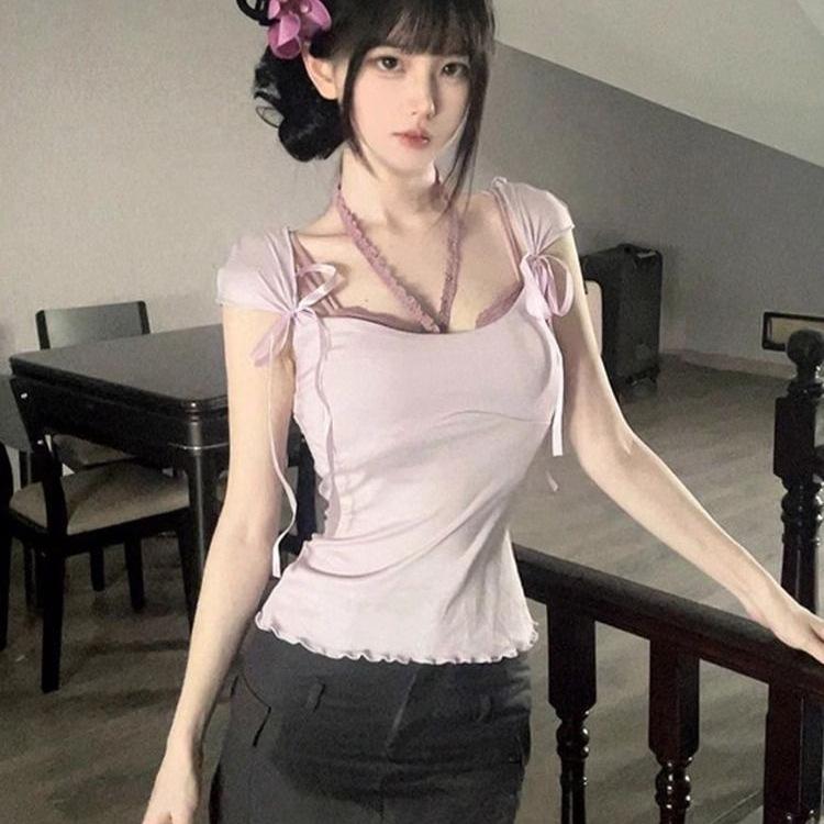 Spice girl niche fashion bow design short-sleeved T-shirt slim and thin sexy pure desire temperament top ins women