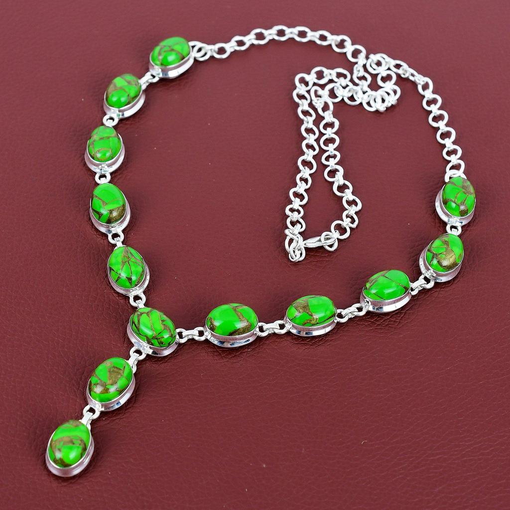 Copper green turquoise necklace 925 sterling silver necklace adjustable chain necklace handmade jewelry real gemstone necklace gifts for mom