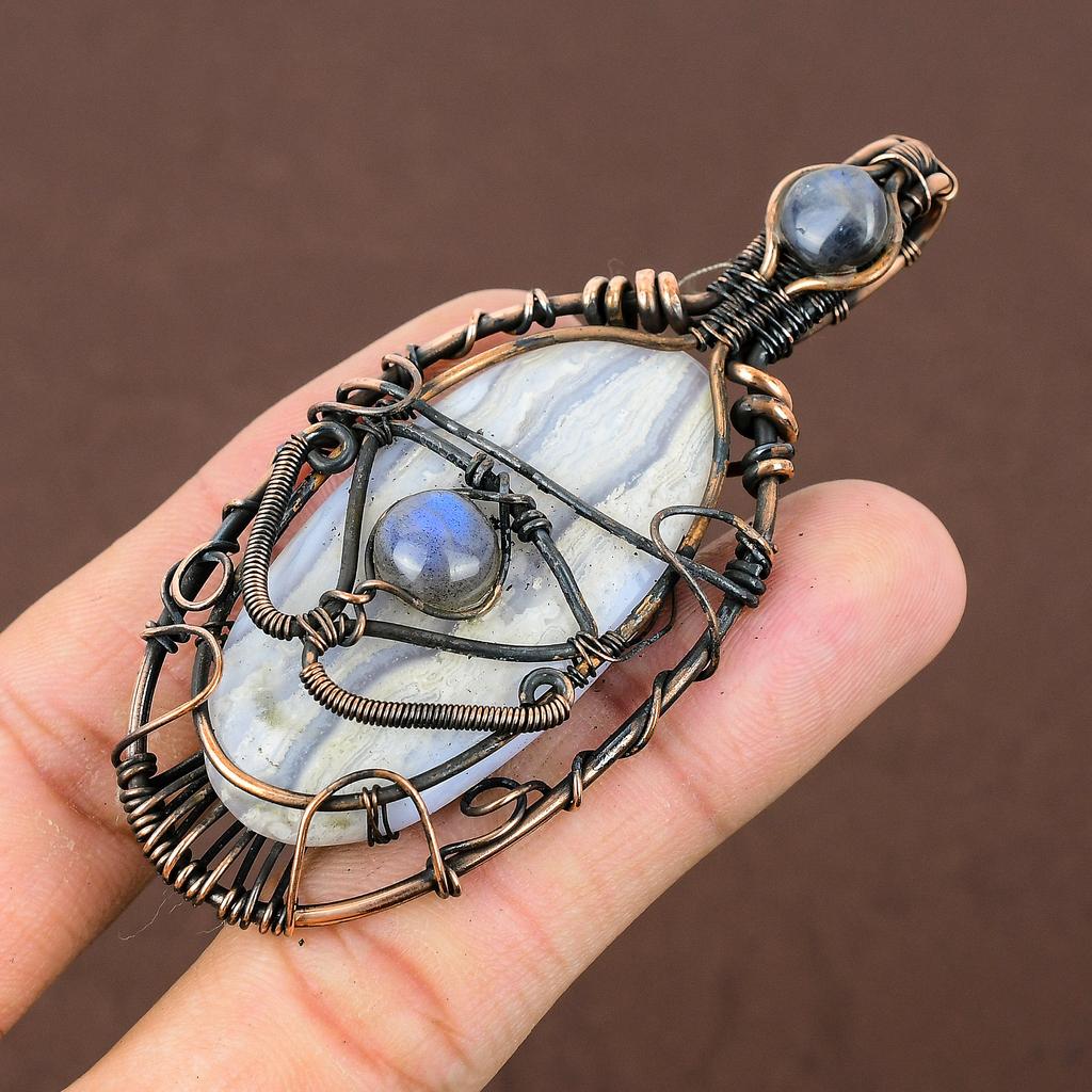 Blue Lace Agate,Labradorite Gemstone Copper Wire Wrap Jewelry Pendant 2.95"
