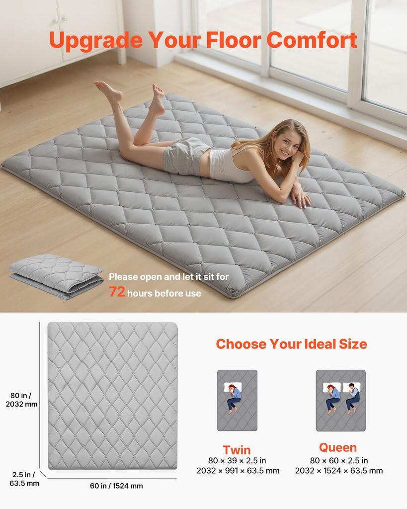 Japanese Tatami Mat, Queen Size Foldable Japanese Tatami Mattress, Futon Mattress with Storage Bag & Fastener, 9-Layer Floor Mat for Sleeping, Dorm,