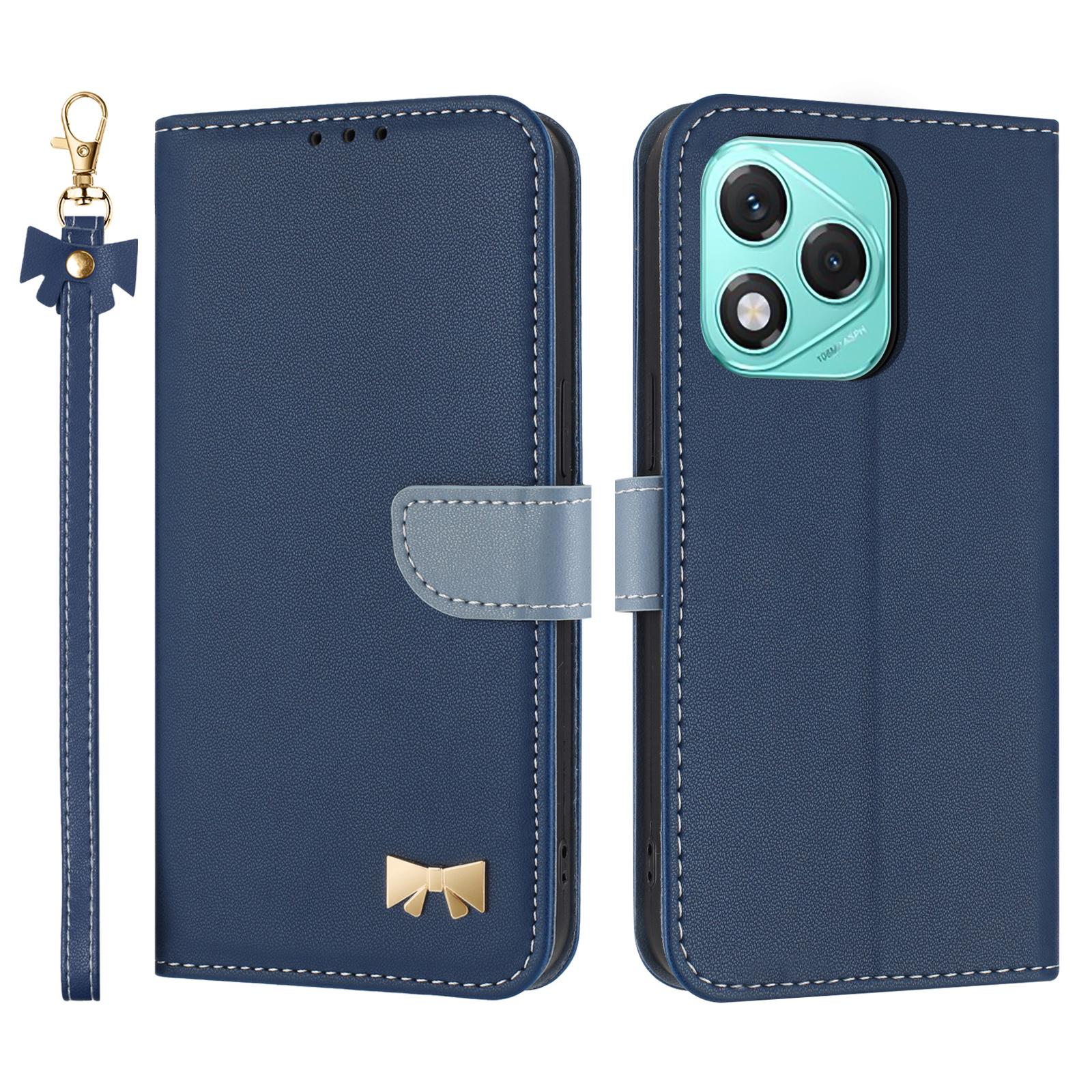 

For Honor 400 Lite 5G Case Bowknot Decor Wallet Leather Phone Cover with Wrist Strap Dark Blue