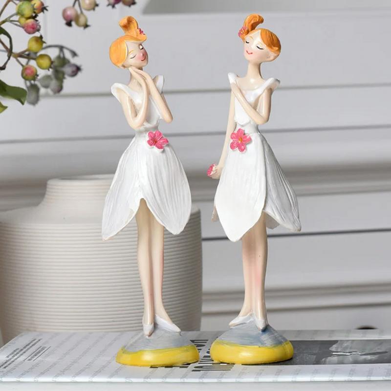 Girl Figurines Decor Resin Craft Statues Sculpture 2Pieces Girl Table Decor Elegant Small Figurines Ornaments Hand-Painted Home