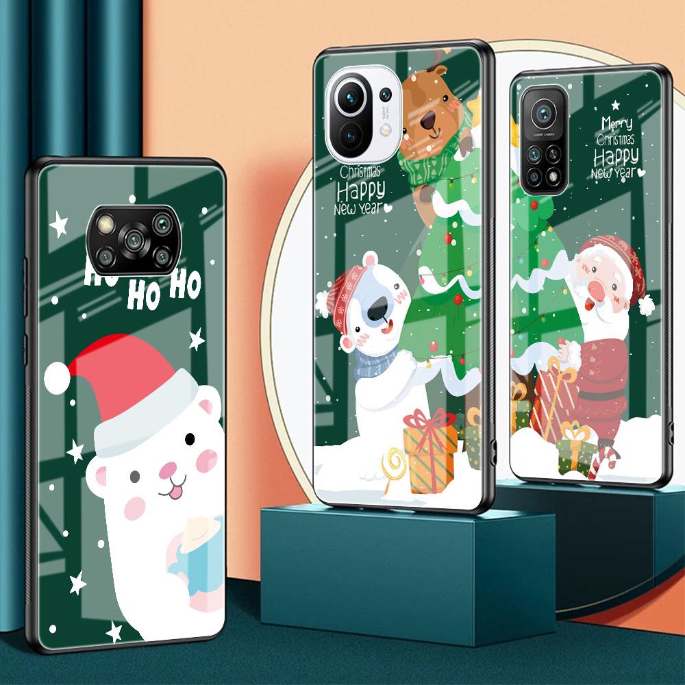 Snowman Christmas Glass Case For Xiaomi Poco X3 NFC 11 Lite 11T F3 M3 For Redmi Note 11 10 9 8 Pro 10S 9S 9A 9C Phone Cover