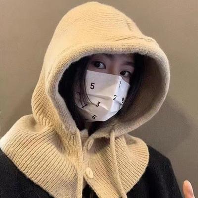 Winter Balaclava Hats For Women Unisex Knitted Hooded Caps Outdoor Warmer Drawstring Hat One-Piece Neck Collar Beanies Caps