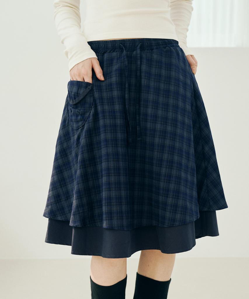 Mihebeu Check Pocket Midi Skirt Navy