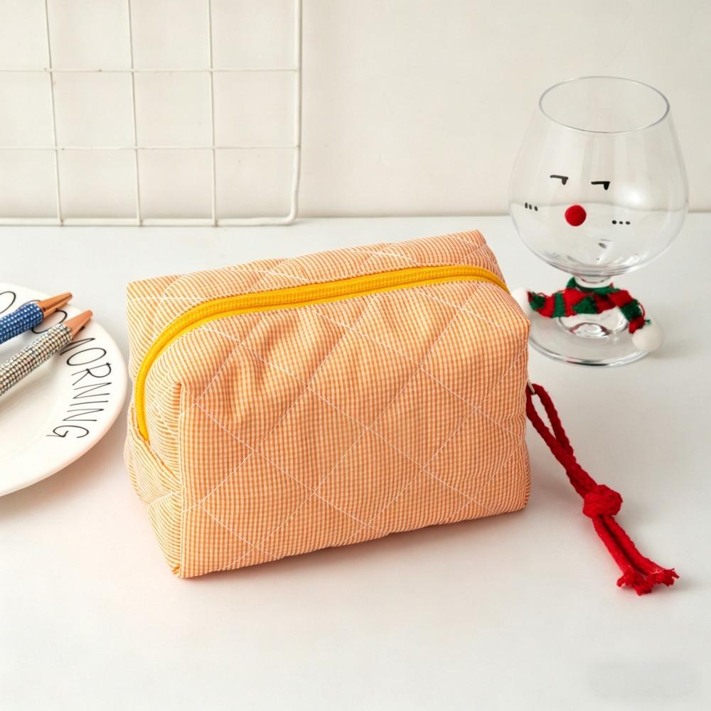 

Portable Quilted Plaid Makeup Bag Zipper Design Large Capacity Cosmetic Bag Toiletry Bag Home Travel помаранчевий
