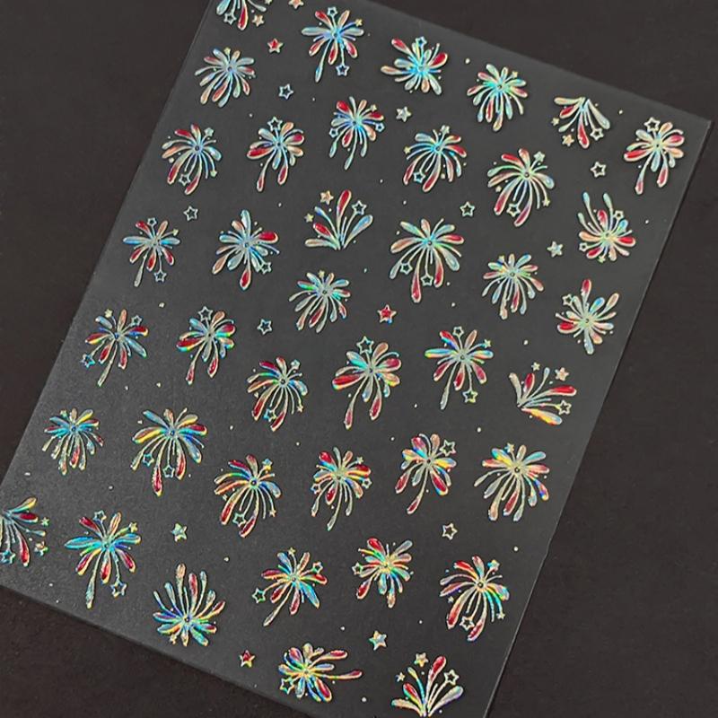 Fireworks Nail Stickers Rainbow Laser Silver Pink Blooming Firework New Year Celebration Nail Art Decals Decoration