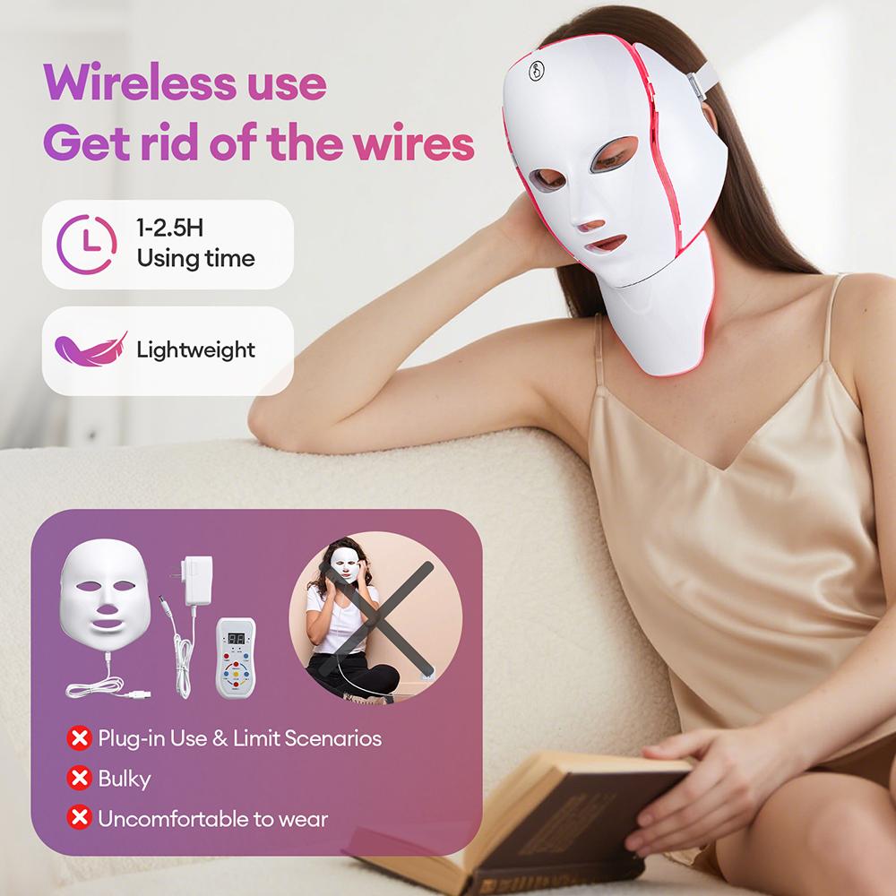 Newly Upgraded LED Face Mask with Neck Wireless 7 Colors Photon LED Facial Mask Repair Skin Rejuvenation Firming Beauty Tool