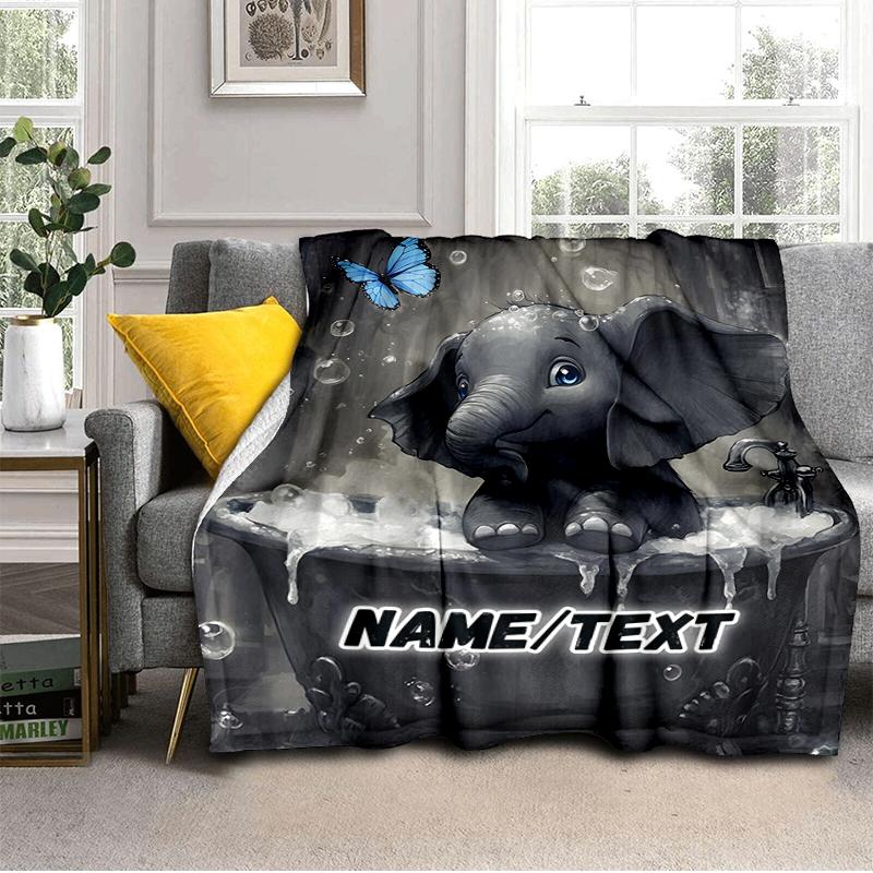 1PC Custom Name Baby Elephant Bath Time outdooor Flannel blankets Throw Blanket All-Season Throw Gift Bedspread for Couch, Bed, Camping Holiday Birthd