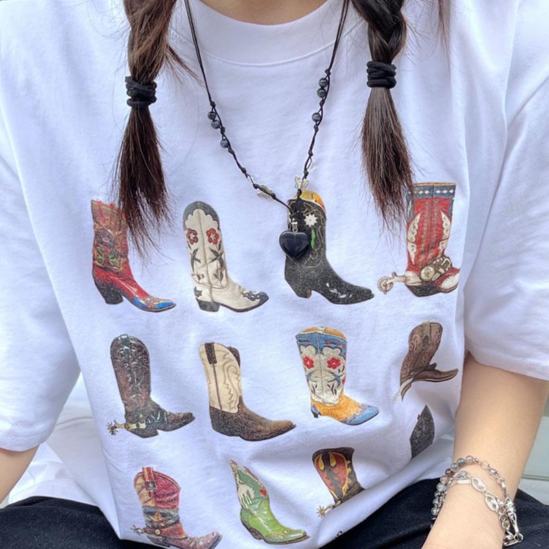

Boot Western TShirt Women Summer Loose Vintage Boho Texas T Shirt Cowgirl Cowboy Cute Graphic Tees Hippie Tshirts Retro S