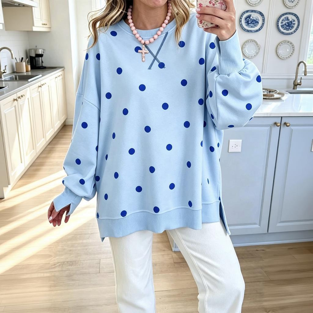 Damen Freizeit Pullover mit langen Ärmeln und Polka-Dot-Muster, lockere Passform