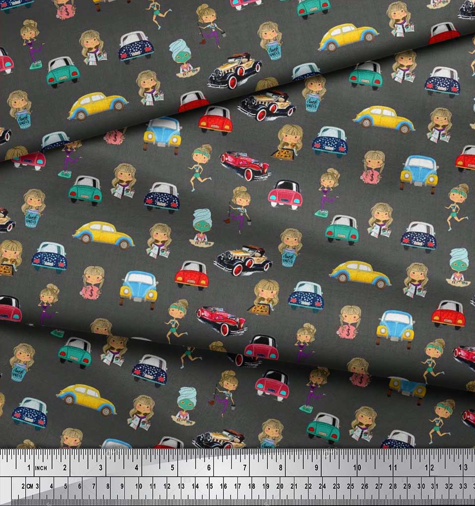 Soimoi Japan Crepe Satin Fabric Cartoon Girl & Car Transport Print Fabric by the Metre 42 Inch