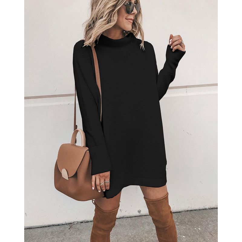 

Fashion Style Street Export Stand Collar Work Clothing Patchwork Autumn and Winter Casual Long Sleeves round Neck Short Dress Women s Fashion Black L