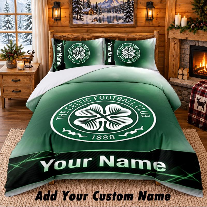 Celtic FC Pattern Bedding 3Pcs Set Custom Name, Bed Sheet And Pillowcases For Home Bedroom