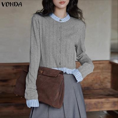 Womens Crew Neck Striped Stitching Texture Casual Cropped Fitted Tops Blouse