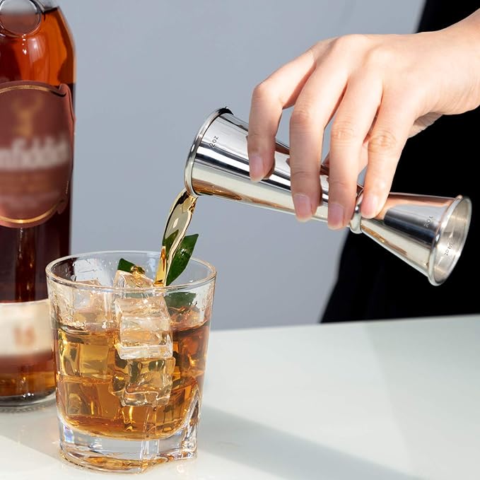 Double Cocktail Jigger - Premium 304 Stainless Steel 2 OZ 1 OZ With Measurements Inside for Bartending