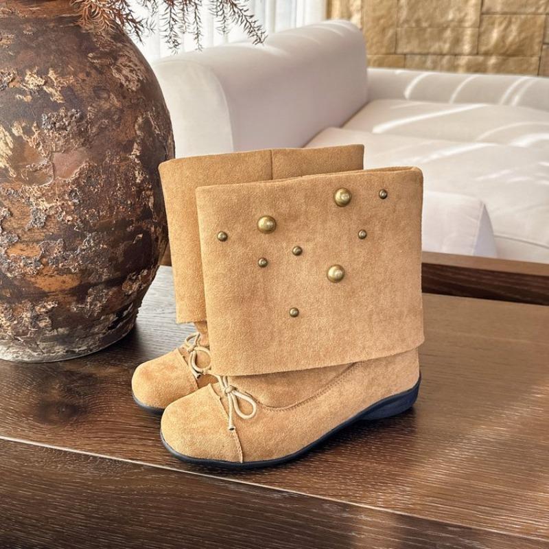

Retro Booties Fall Winter New Round Toe Bow Rivet Sleeve Soft Sole Western Knight Boots 35 коричневый