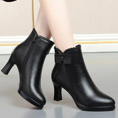 Spitze Zehenpartie High Heel Stiefel Damen Winter 2024 Sexy Plüsch Stiefeletten Schlichte Lederstiefel mit Absatz Elegante Damen Schuhe mit Absatz