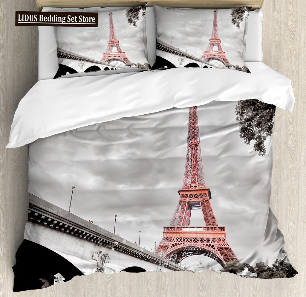 Eiffel Tower Duvet Cover Paris Tower Red Car Bedding French Style Home Decoration Grey Cityscape French Romantic Gift For Women