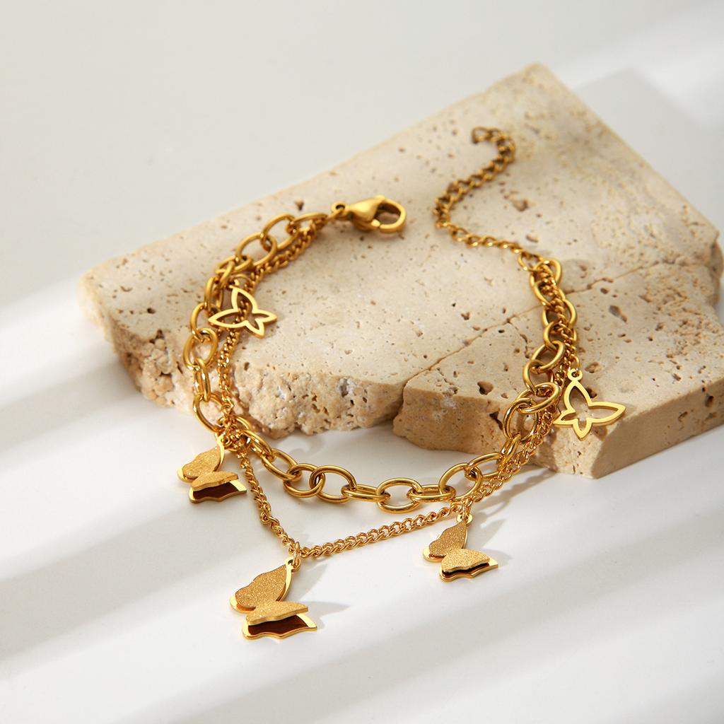 18k Gold Stainless Steel Double Layer Bracelet for Women, Non-fading Butterfly Pendant Titanium Steel Bracelet