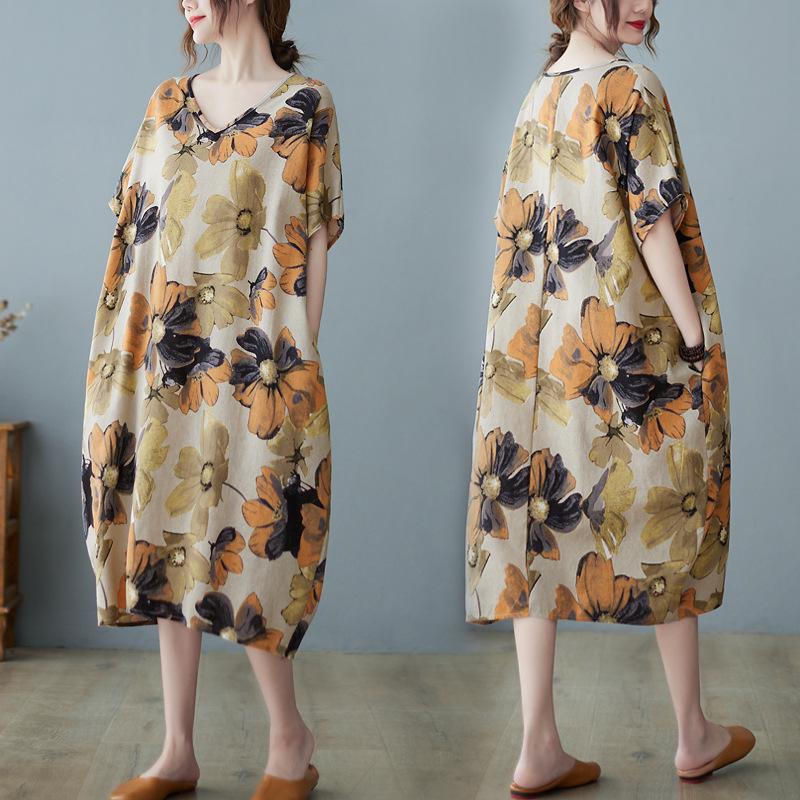 2026 new retro ethnic style summer new literary large size fat MM fattened large printed short-sleeved dress