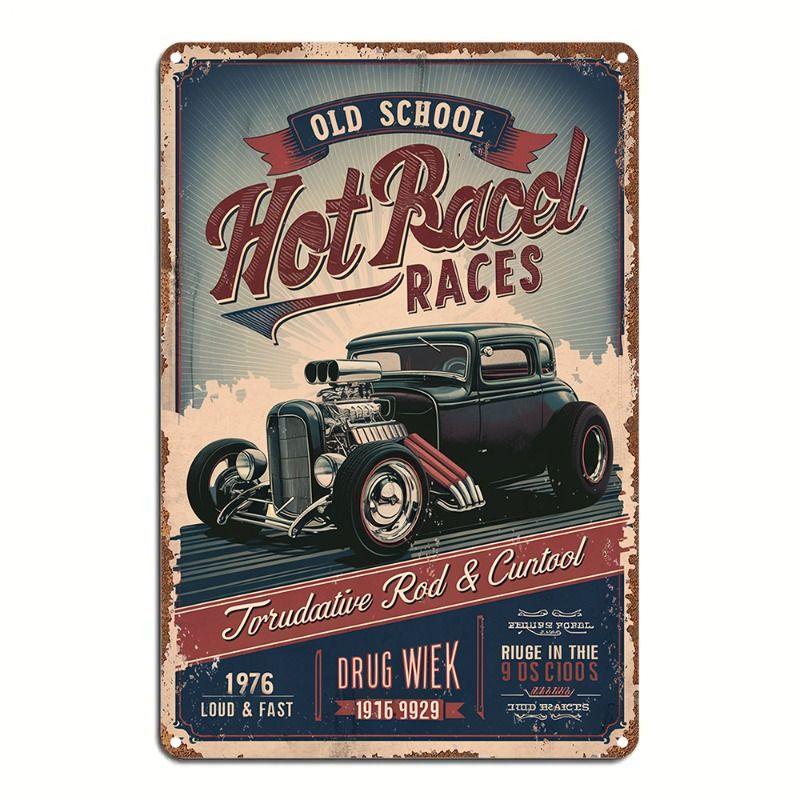 Racing Car Retro Style Metal Decorative Painting for Garage Room Decor