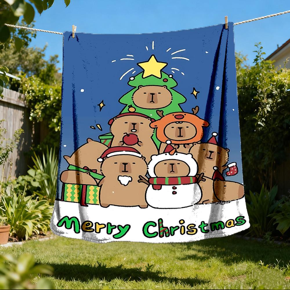 1pc Christmas Capybara Throw Blanket Polyester Fiber, Lightweight Flannel, Soft & Warm, All Season Use for Outdoor, Camping Digital Print