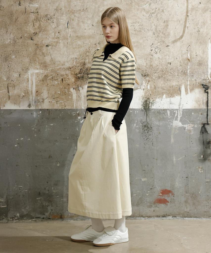 Waiowai Corduroy Double-Pleat Long Skirt_Ivory