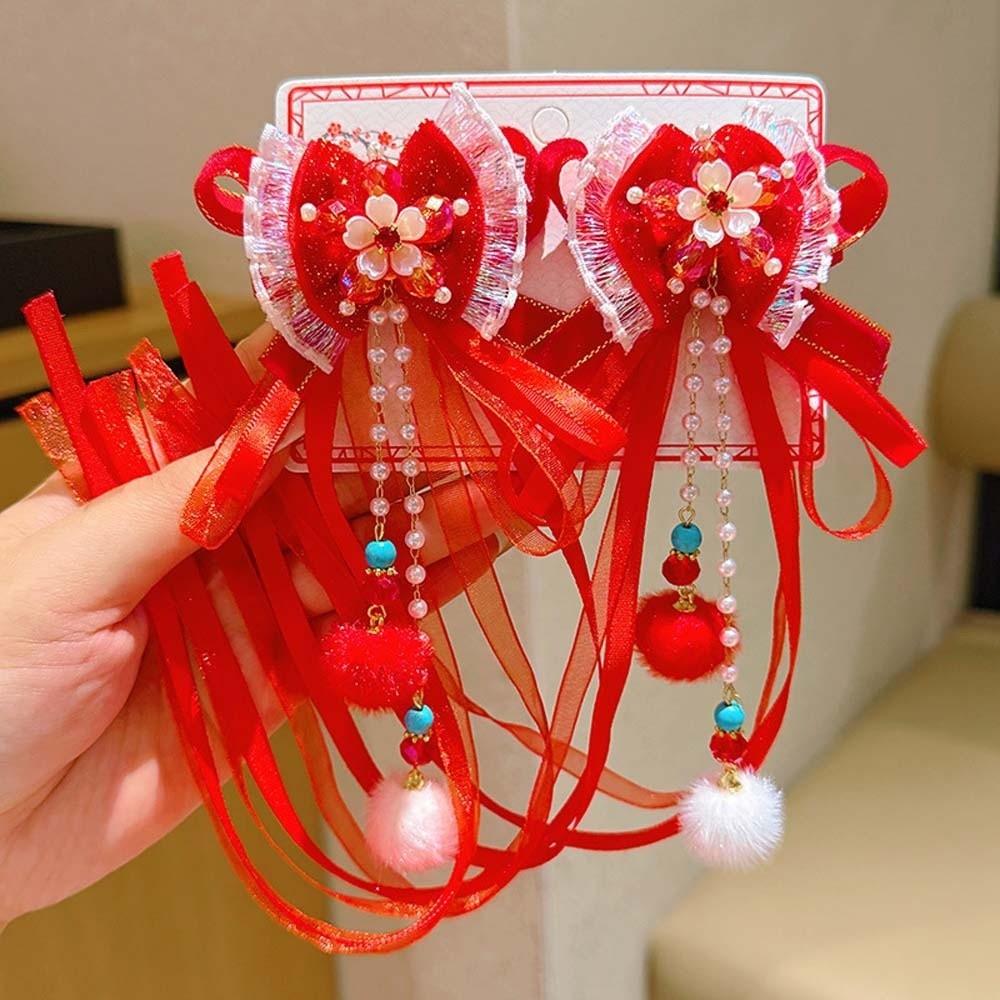 2pcs Bow New Year Ribbon Barrettes Lion Embroidered Bow Headwear Ancient Style Hair Clip  Winter