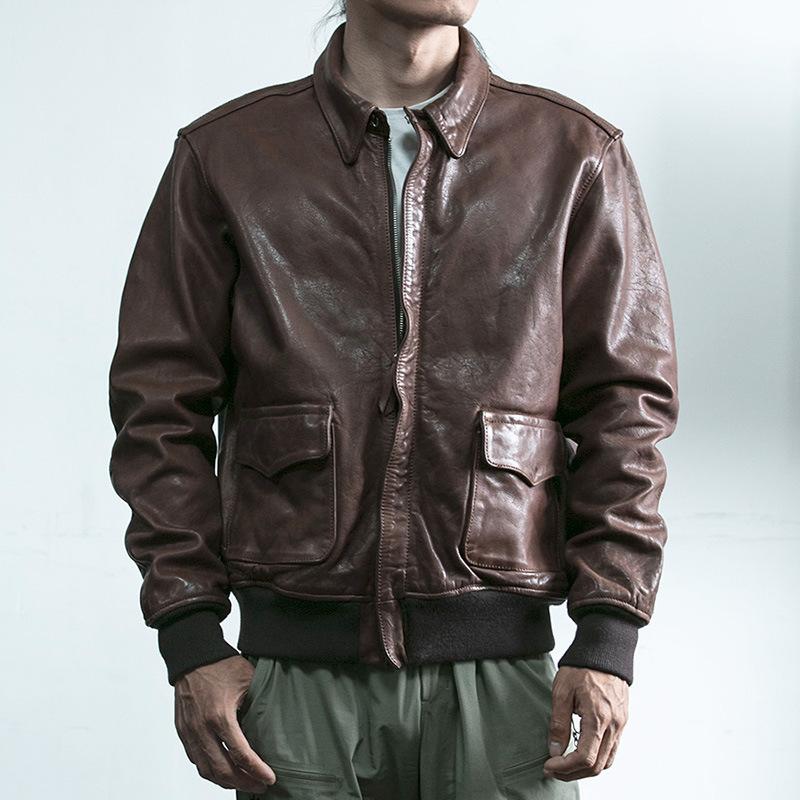 New A Air Force Flight Suit Leather Jacket Men's Asian Slim Short Top Vegetable Tanned Cowhide Leather Jacket