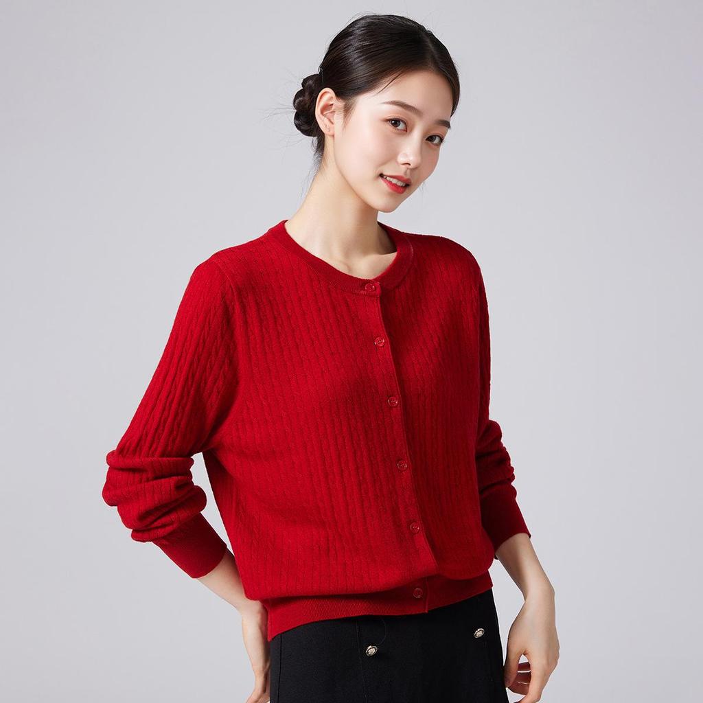 Women's 100% Pure Merino Wool Round Neck Cardigan Coat, Early Autumn 2026, Long Sleeve Sweater