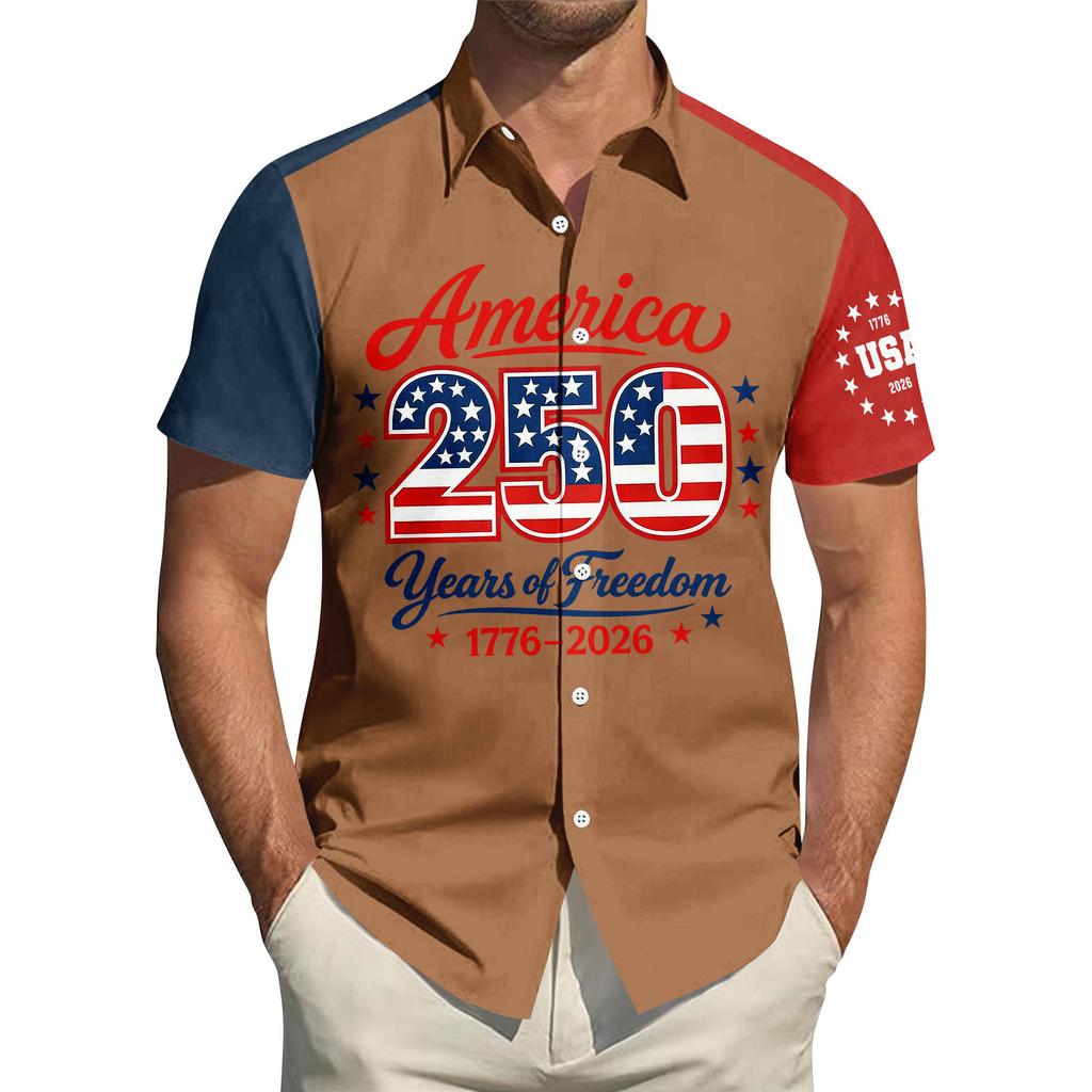 Top da Uomo Stampato per il Giorno dell'Indipendenza con Colletto Camicia Casual Sportiva a Maniche Corte da Uomo