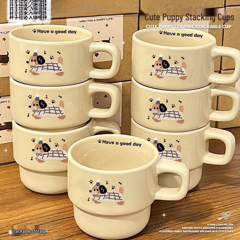 Elegant Dachshund Ceramic Stacking Mugs - Luxury Cartoon Design for Breakfast