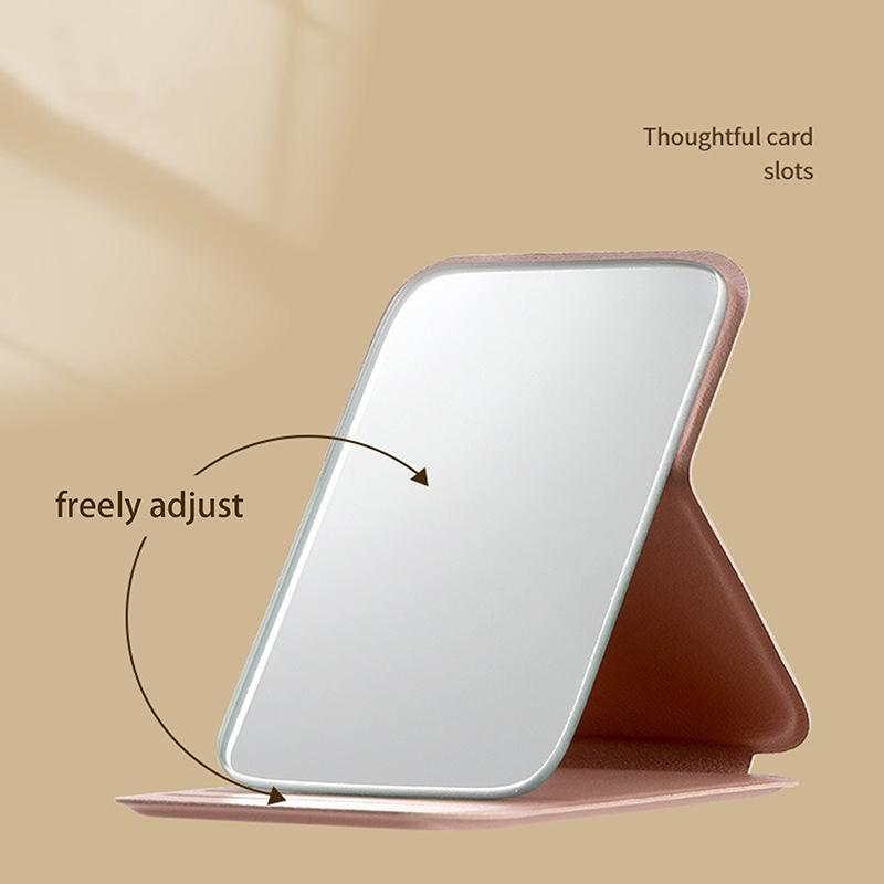 Desktop Mini Foldable Makeup Mirror Solid Color Pu Leather Simple Portable Wear-Resistant Student Compact Handheld Makeup Mir