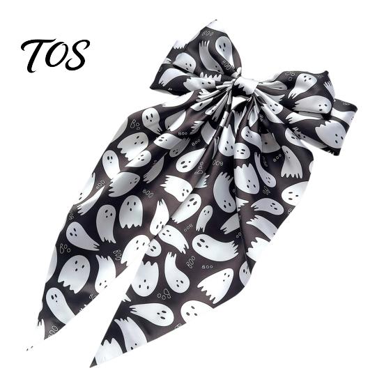 Halloween Hair Clip Silky Satin Bows for Women, Big Ribbon Bow Clips Girls, Hairstyle Accessory Oversized Long Tail Barrettes, Cute Ghost Bat