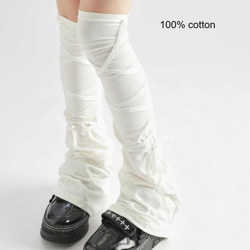 Punk Damen Krawatten-Spaltzehen Kniehohe Socken DIY Riemchen Wadenstrümpfe Sexy Riemen Mittelschaft Strumpf Y2K Gothic Japanische Jk Beinwärmer 96cm white